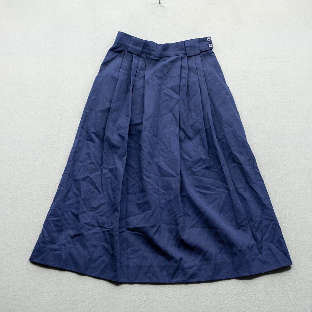 Vintage Worthington Womens 6 Navy Pleated Midi Skirt High Waist Made USA 90s